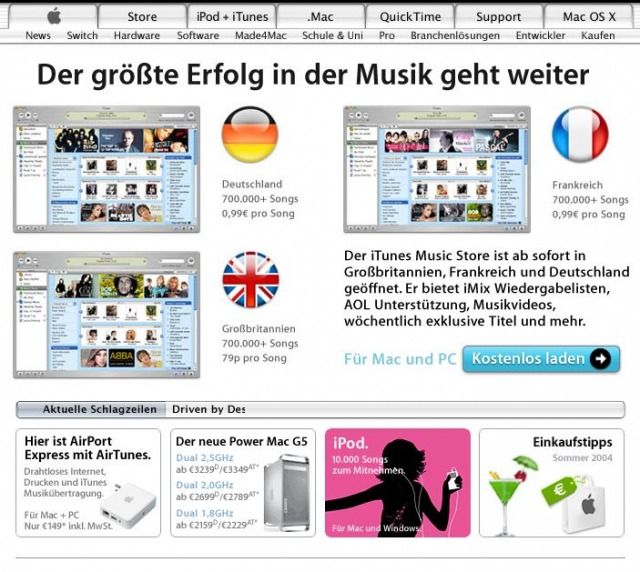 Die Website www.apple.com/de am 26.06.2004