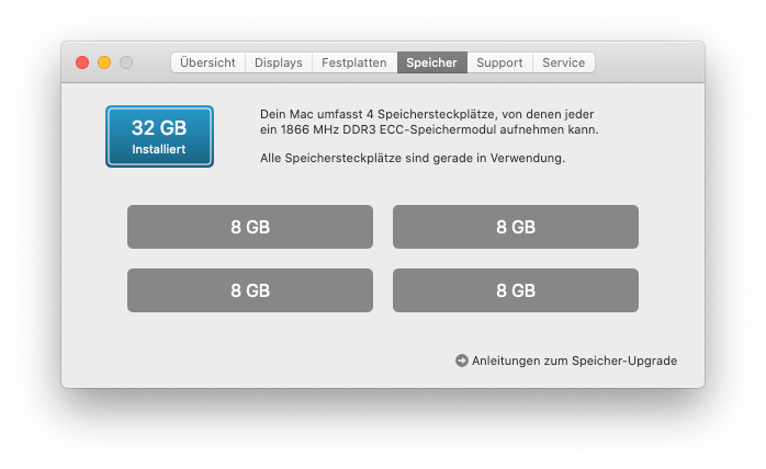 32 GB-Ram, 1866 MHz Quad-Channel DDR3 in MacPro6,1