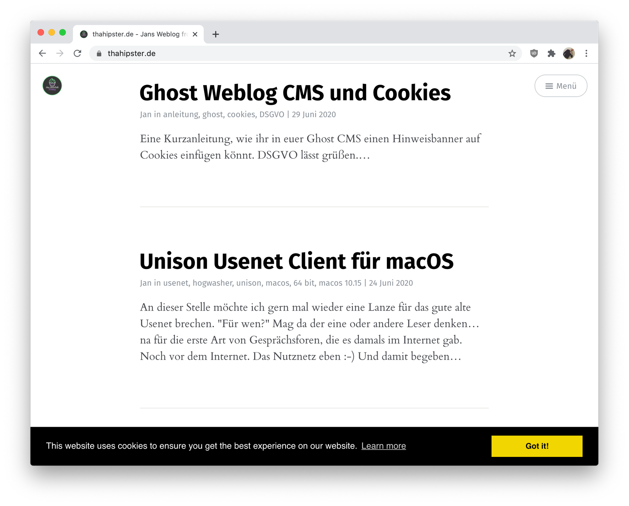 Cooke Banner thahipster.de Google Chrome macOS