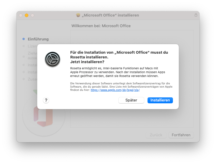 Apple M1 Installation von Rosetta2 für MS Office