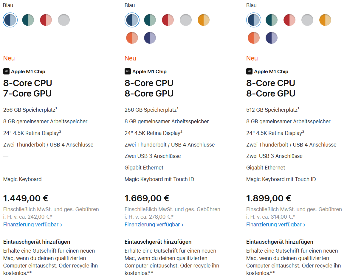 Apples drei Grundkonfigurationen und ihre Euro-Preise.