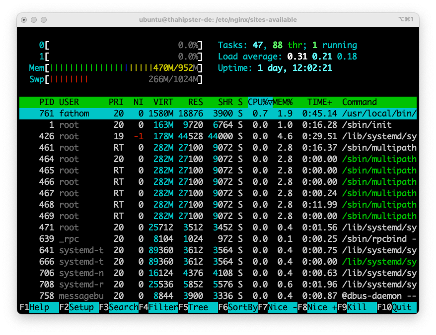 HTop auf meiner VM, Swap 1024 MB