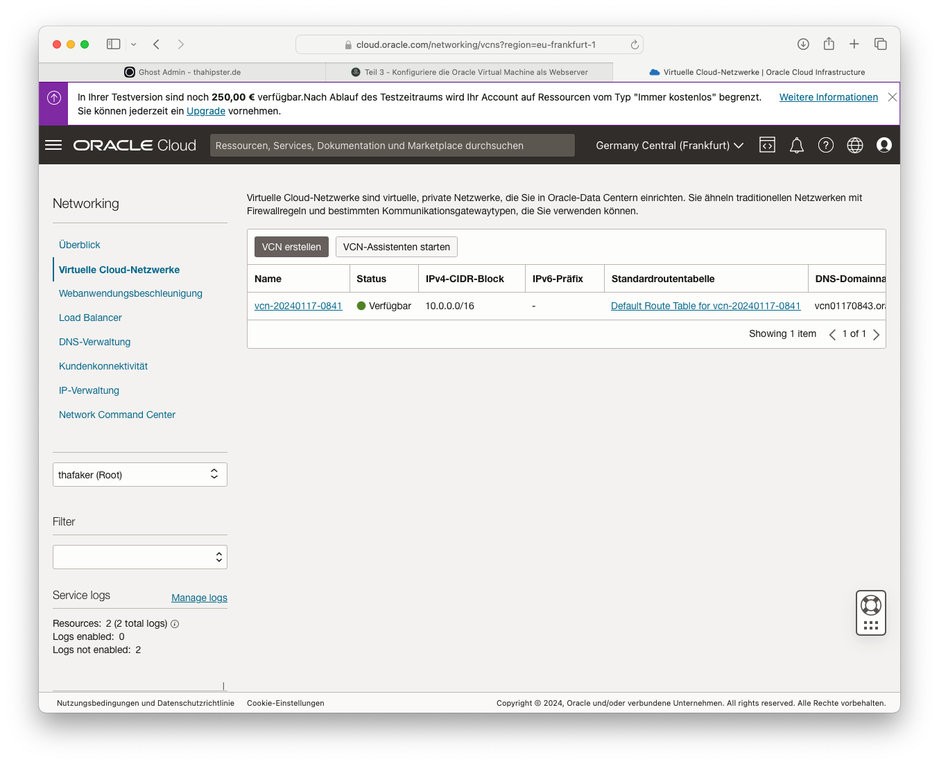 Oracle Cloud Dashboard Virtuelle Netzwerke