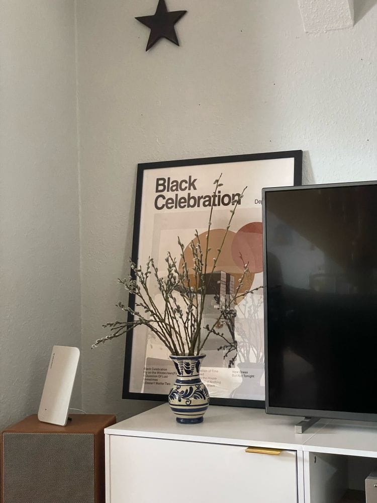 Ein Bild. Es ist eine Hommage an das Album Black Celebration der Gruppe Depeche Mode. Der Rahmen ist schwarz. Das Bild weiß und schwarz. Davor steht eine Vase von Oma Ruth.