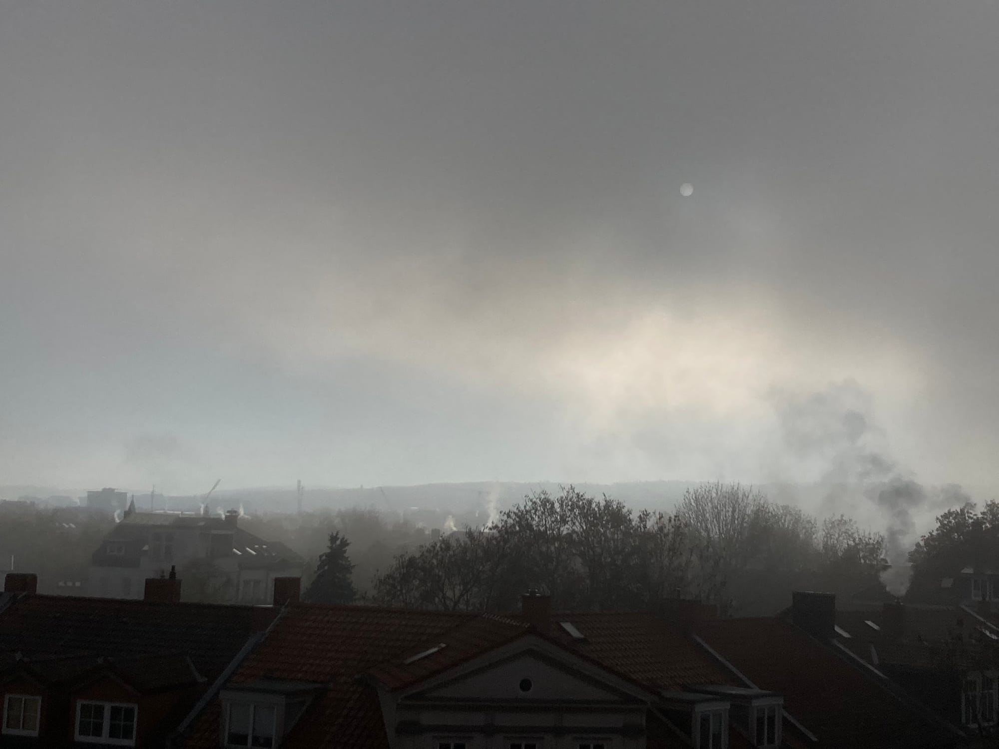 Nebel über Erfurt. Das Bild ist düster, Graz. Ein wenig Licht schimmert.