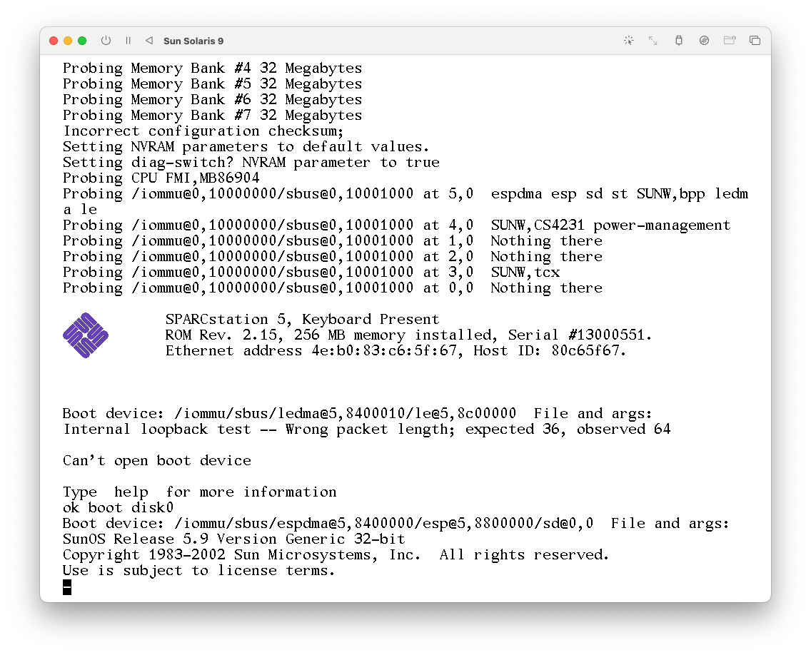 UTM emulation SPARCStation 5 with Sun Solaris 9