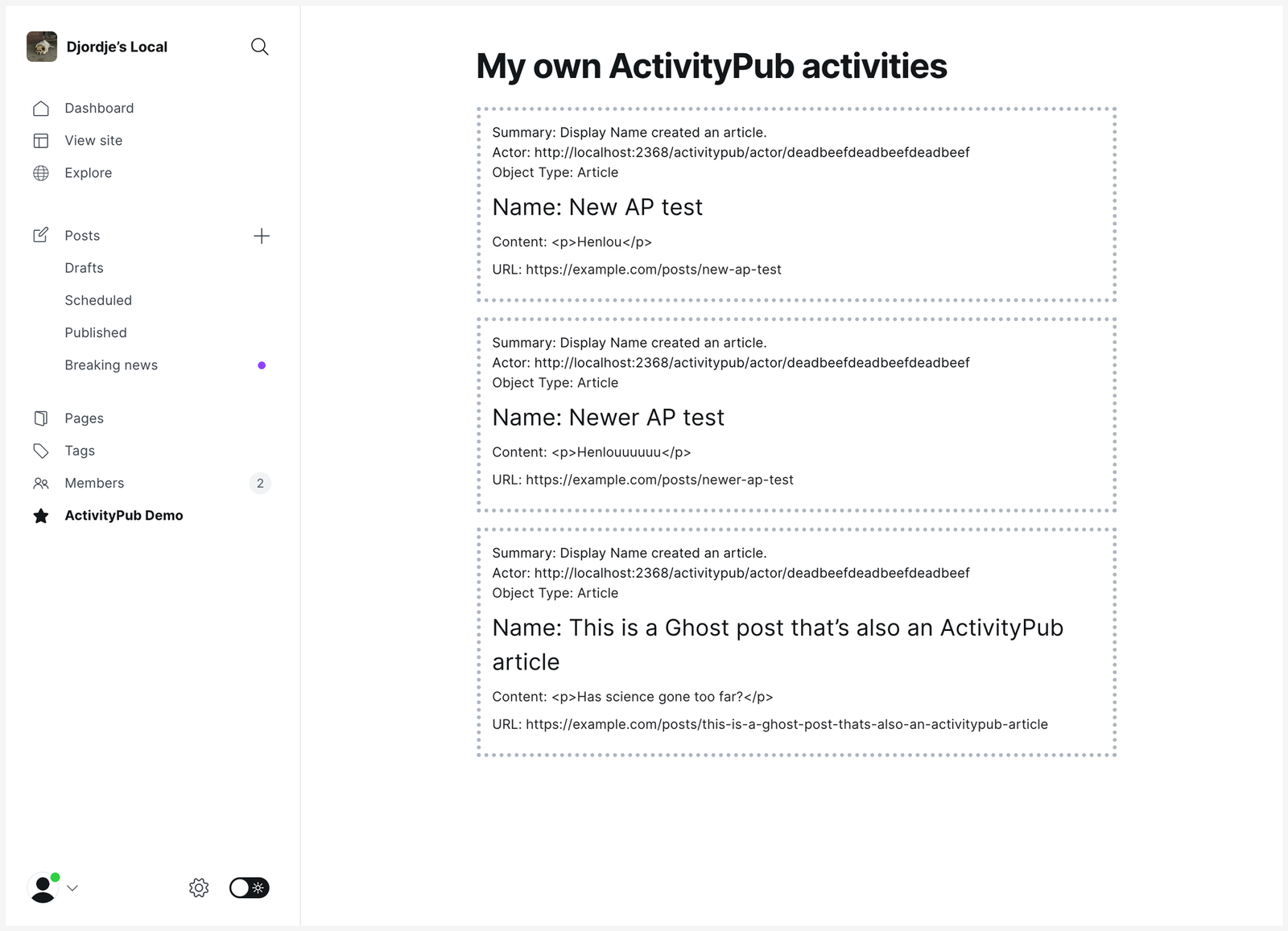 ActivityPub Demo von Ghost.org