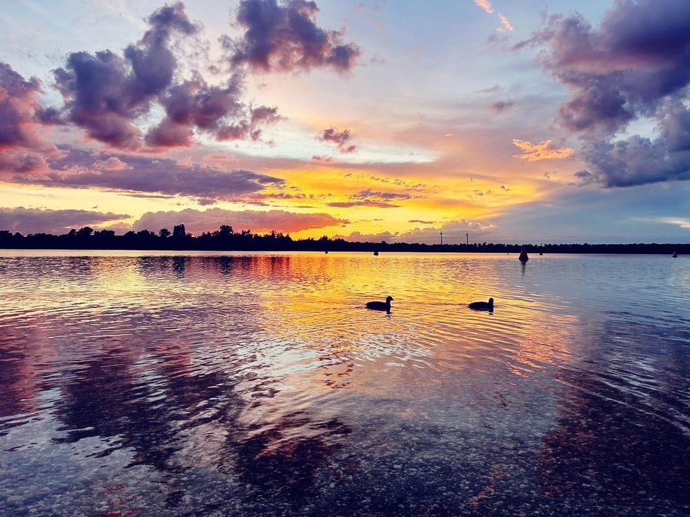 Sonnenuntergang über dem See, das Licht ist bernsteinfarben