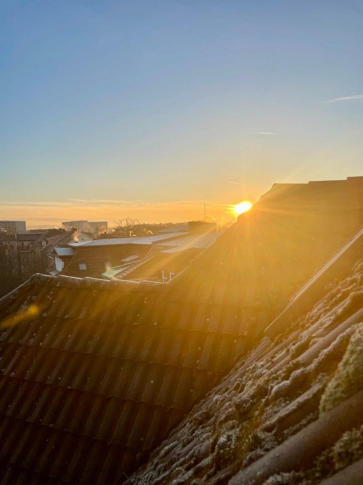 Die Sonne geht auf über der Stadt, man sieht alte Ziegelsteindächer, die zum Teil mit Moos gewachsen sind, der Himmel ist blau.