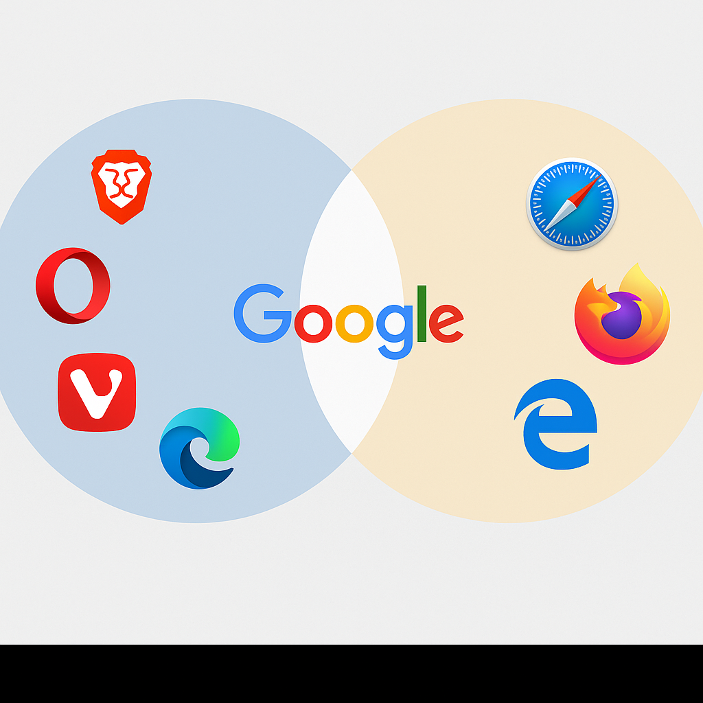 Zwei Kreise, links Google und seine Browser, rechts Safari, Firefox und Microsoft Internet Explorer mit eigener Engine.