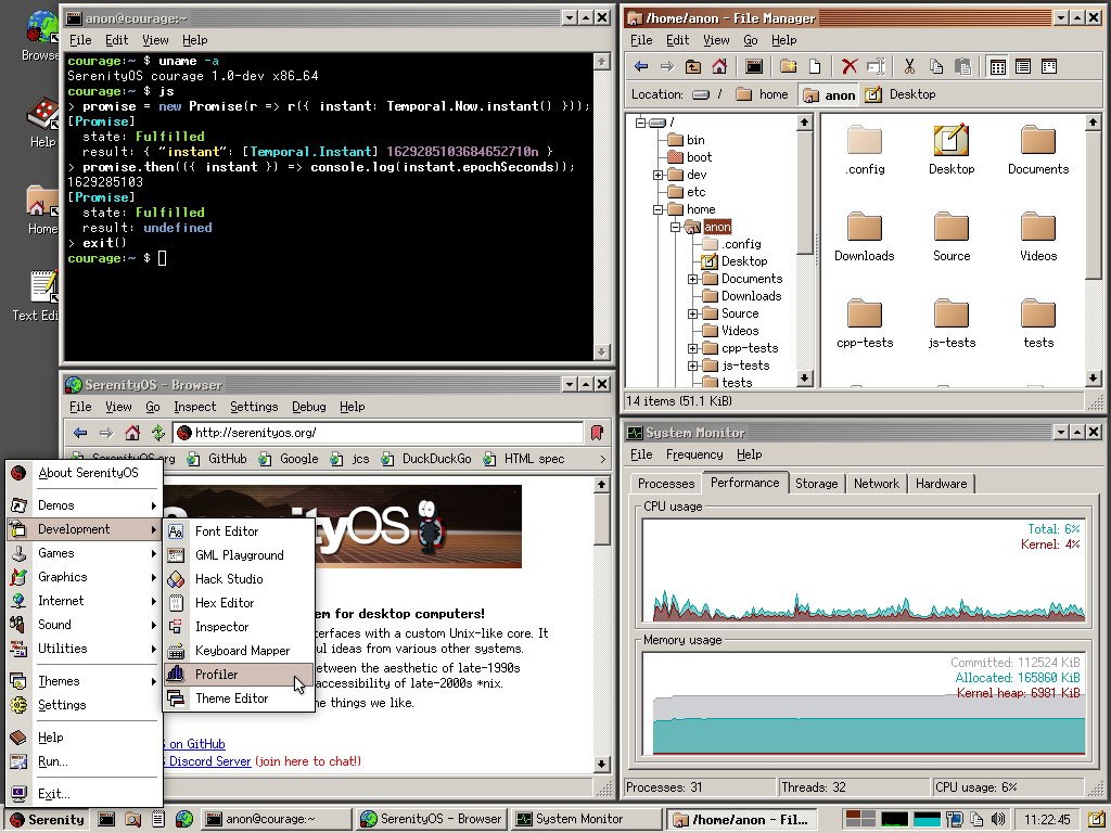 SerenityOS mit allerlei offenen Programmen. Es sieht aus wie Windows 2000