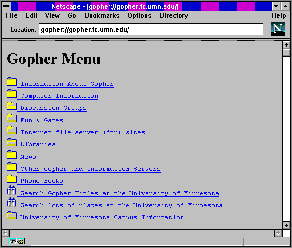 Netscape Navigator mit Gopher Unterstützung zeigt eine Seite