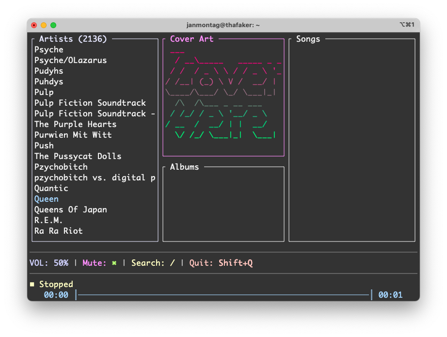 TerminalDrome in Shell, connected to Navidrome - 4 Panes
