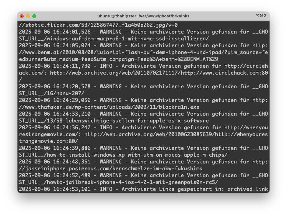 Ein Script durchsucht meine Artikel und versucht für tote Links äquivalente auf Archive.org zu finden (Terminal)