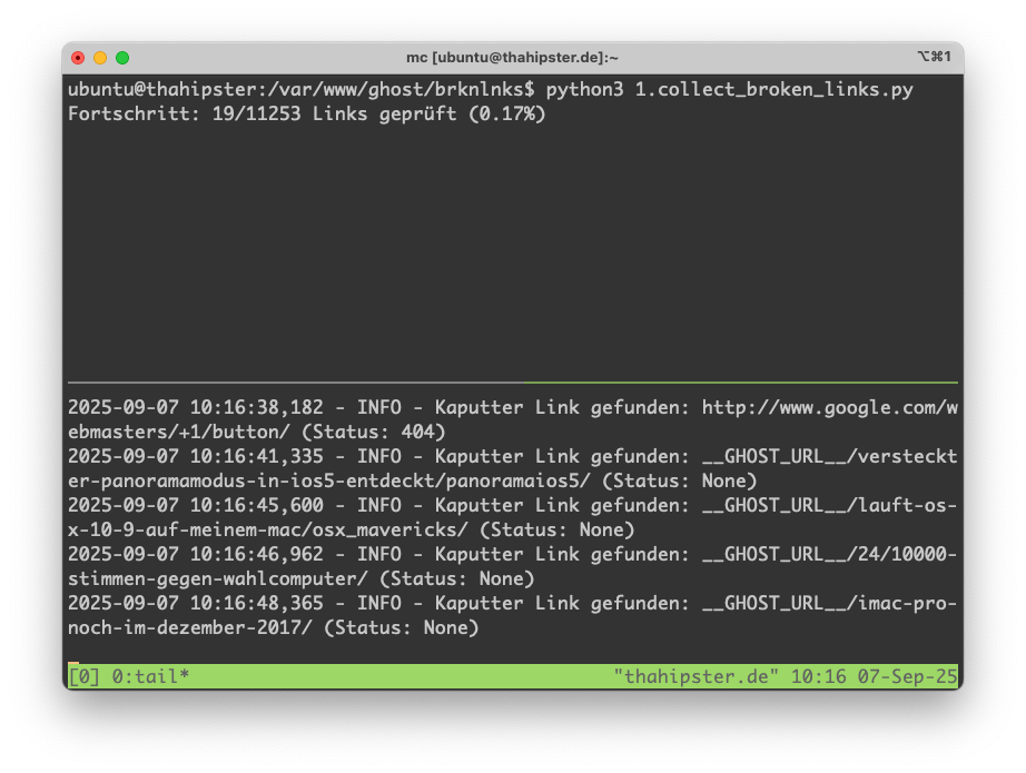 Terminal Window running TMUX and my broken link checker script - and also the Logfile of that process.