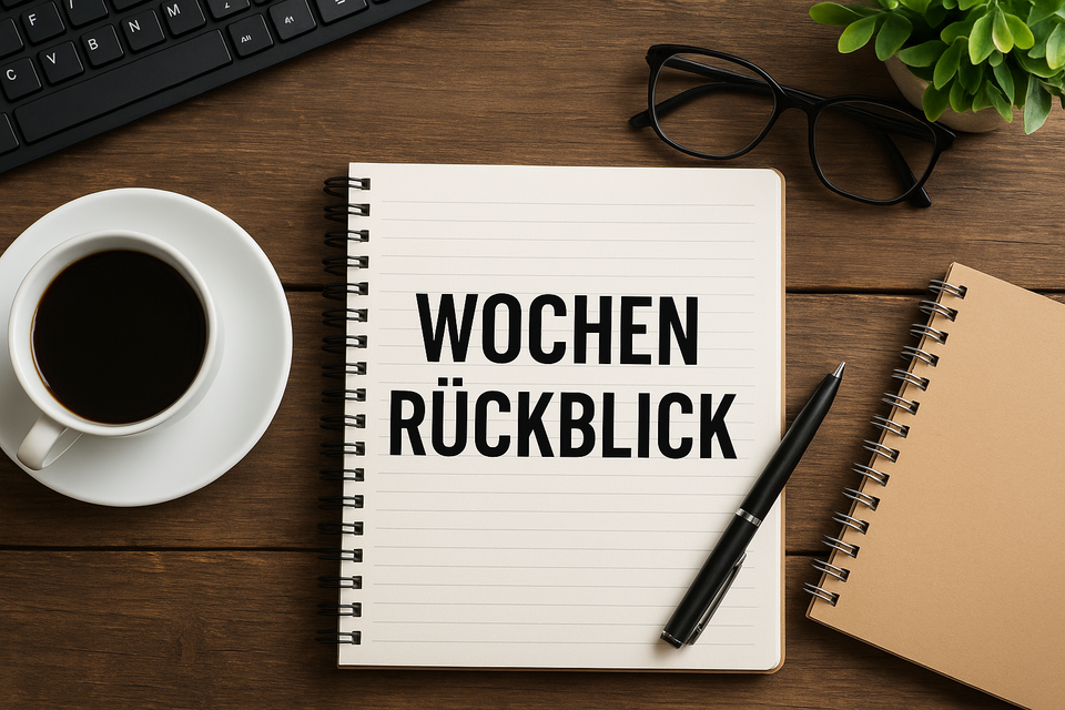 Ein Holztisch mit Tastatur, einen Schreibblock, einer Tasse schwarzen Kaffees und einer Brille.